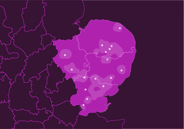 A map showing Truespeed's broadband network in the East